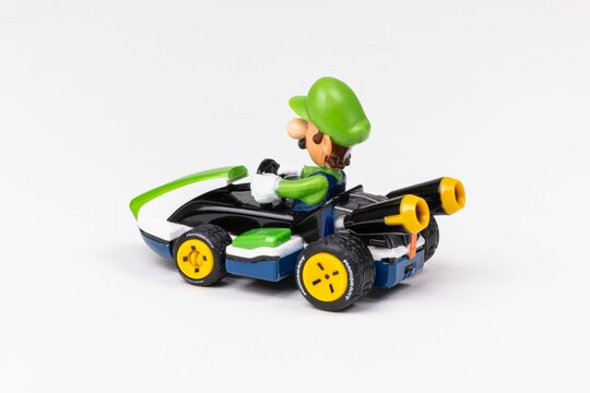 Closeup shot of Mario Kart Luigi's car isolated on a white background.