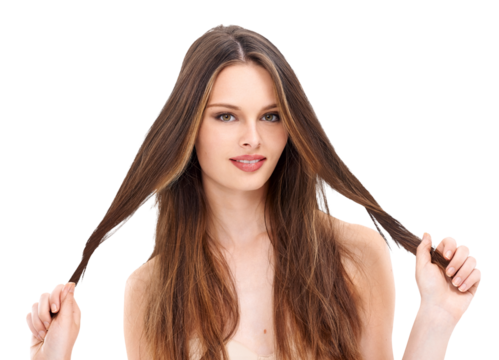 Haircare, woman and face portrait with long hair isolated on a transparent png background. Beauty, natural cosmetics and smile of female model with salon treatment for growth, texture and balayage.