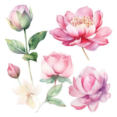 Spring watercolor painted set of light pink rose, Sakura, peony and lotus flowers, Generative AI