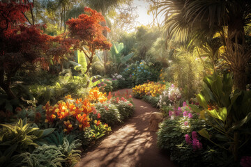 Botanical Garden with Lush Vegetation and Beautiful Flowers, Bathed in Soft Light - generative AI