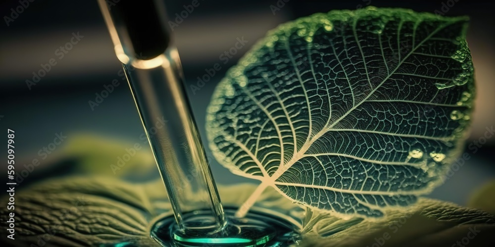 Wall mural a magnified view of a leaf under a microscope. the idea of biotechnology generative ai