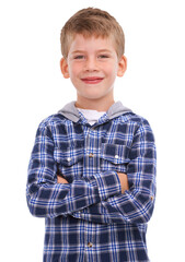 Child fashion, young boy and portrait of arms crossed with children style and clothing for kids. Confidence, happy and youth of a person with confident look isolated on transparent, png background © Heyt/peopleimages.com