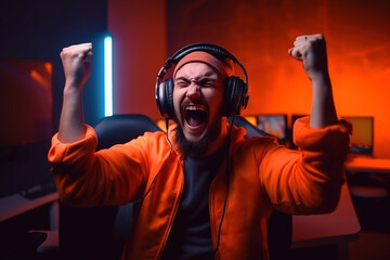 Professional eSports gamer rejoices in the victory and orange game room background. Generative AI