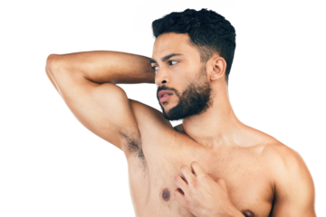 Fitness and man posing on isolated, transparent and png background. Body, stretch and athletic mexican male prepare arms for exercise, workout or muscle, training warm up sports routine