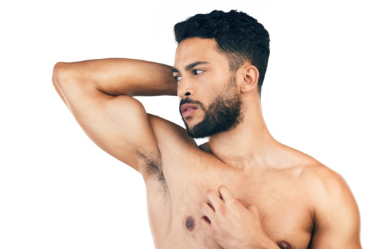 Fitness and man posing on isolated, transparent and png background. Body, stretch and athletic mexican male prepare arms for exercise, workout or muscle, training warm up sports routine