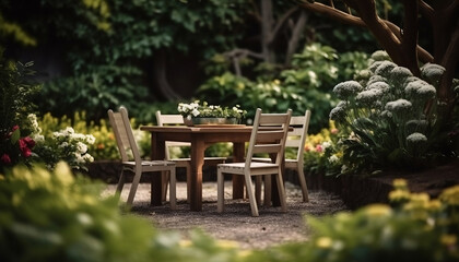 Spring and summer garden with plant, table and chairs, relax mode for weekend holiday, mother's day, Generative AI