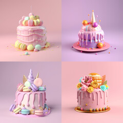 Set of birthday cakes. Pink, violet, purple, pastel colours,Tasty, gentle - 595098347