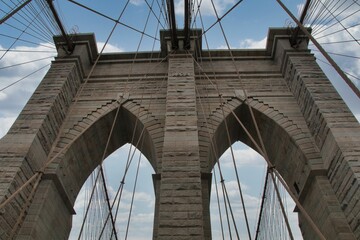 Iconic Brooklyn Bridge in New York City, featuring its suspended cables stretching out to each side