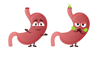 Cartoon stomach character. Concept of healthy and diseased internal organ, heartburn and belching. Vector illustration