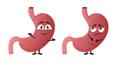 Cartoon stomach character. Concept of healthy and diseased internal organ, heaviness and pain. Vector illustration