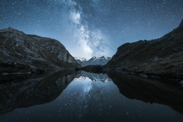 Nightscape with milky way reflecting in a mountain lake and snowy mountain range in the background - obrazy, fototapety, plakaty
