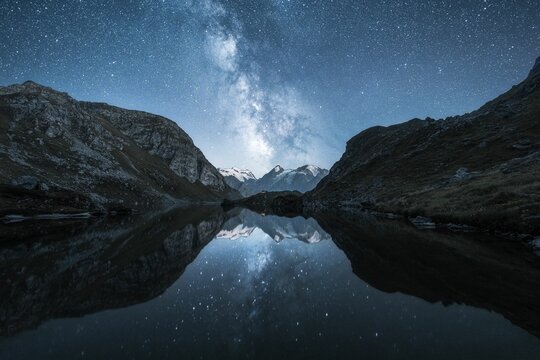 Nightscape with milky way reflecting in a mountain lake and snowy mountain range in the background