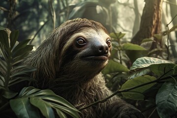 Fototapeta premium Serene Portrait of a Sloth in its Natural Jungle Habitat. Capturing the Peaceful and Endearing Nature of this Adorable and Endangered Mammal. Generated AI.