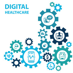 Digital healthcare and smart health devices and iot technology in medicine vector illustration. Concept around medical big data, cloud applications
