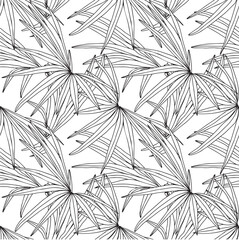 Jungle palm leaves seamless pattern for surface design, ink black and white hand drawn background