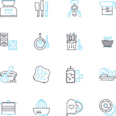 Family cooking linear icons set. Home-cooked, Comforting, Nourishing, Festive, Potluck, Recipe, Tradition line vector and concept signs. Sharing,Gathering,Collaboration outline illustrations