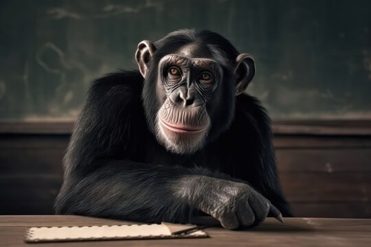 Chimpanzee In Class With Chalkboard In Background Generative AI