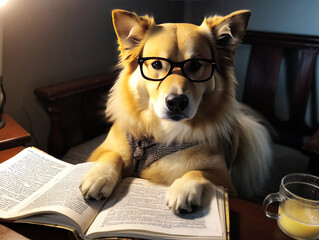 The Bookworm Dog, A dog with glasses reading a book  - generative AI