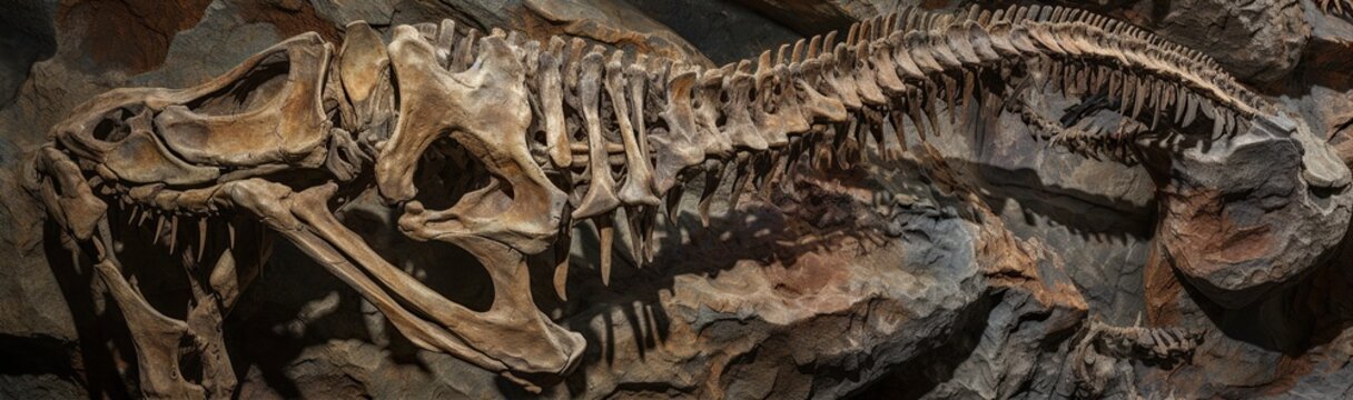 Striking image of a dinosaur fossil, with its intricate bone structure, colors and textures of its surrounding rock visible, concept of Prehistoric anatomy, created with Generative AI technology