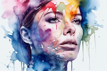Colorful watercolor art portrait of young woman face isolated on white background (created with Generative AI Technology)