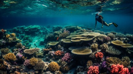 Fototapeta premium Underwater photo capturing a woman snorkeling in a shallow ocean with a colorful coral reef, fish swimming around, created using Generative AI technology