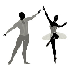 Silhouette of a cute lady and youth, they dance ballet. The woman and the man have beautiful slender figures. Girl ballerina and boyfriend dancer. Ballet dancer. Vector illustration.