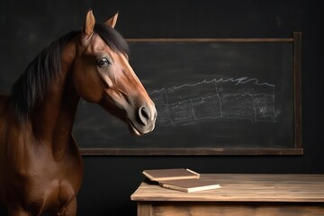 Horse In Classroom With Blackboard And Copy Space Generative AI - obrazy, fototapety, plakaty