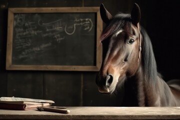 Horse In Educational Setting With Chalkboard And Copyspace Generative AI