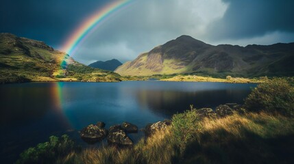 A stunning rainbow spread above a wonderful lake valley, mountain summer landscape, clouds with drizzling rain and rays of sunshine creating rainbow, created using Generative AI technology