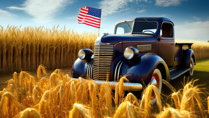 vintage pickup truck, parked in a field of golden wheat, showcasing the enduring spirit and pride of America's heartland, independence day concept, generative ai - obrazy, fototapety, plakaty