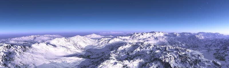 Fototapeta na wymiar Mountain landscape panorama, snowy peaks, 3d rendering