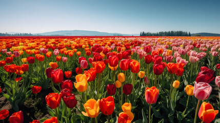 Colorful image of a field of tulips in full bloom, displaying the vibrant shades of red, yellow and pink flowers. Framed by a clear blue sky.