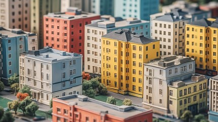 A birds eye view of a bustling residential neighbourhood, Miniature city layout. AI generated illustration