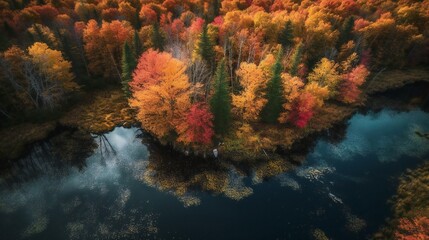 Fototapeta na wymiar A top-down aerial photo of a forest landscape during the autumn season, colorful trees and a river running in the middle, created using Generative AI technology