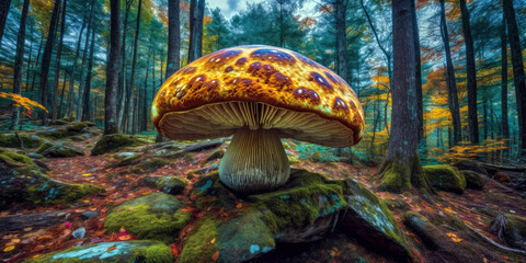 large mushroom in a forest with a psychedelic and fairy tale atmosphere, generative ai
