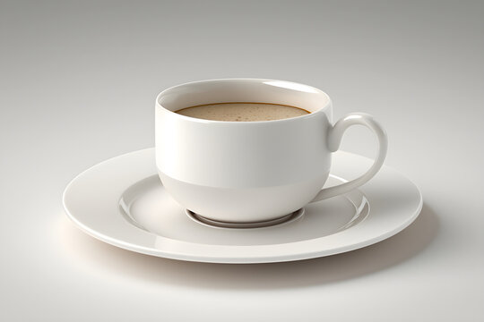 White cup with coffee and saucer on light background. Fresh flavored drink with foam. Generative AI, illustration