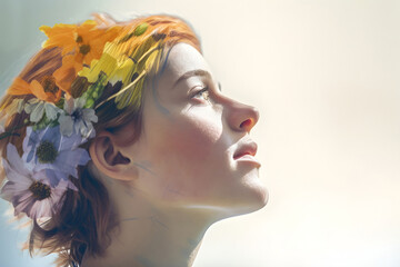 Portrait of young beautiful woman with double exposure combined with spring flowers in sunlight. Generative AI