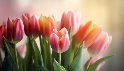 Pink tulips Bouquet of flowers colorful blurred background for text, and Mother's Day, Women's Day, Holiday mockup with gerber flowers, soft focus, Generative AI