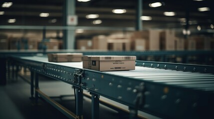 High Tech Factory conveyor belts with cardboard box. AI generated - obrazy, fototapety, plakaty