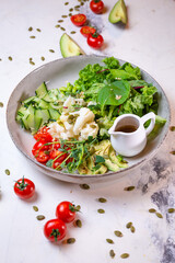 vegetarian salad with broccoli, tomato, cucumber and herbs with sauce on a plate