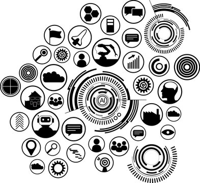 Icon Set: Globale Vernetzung mit digitalen Daten - K&uuml;nstliche Intelligenz in der Gesellschaft und Industrie