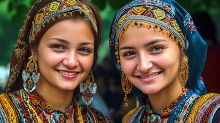 Smiling central asian young women looking at the camera. Generative AI - obrazy, fototapety, plakaty