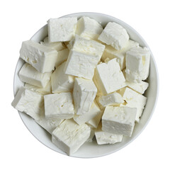 bowl of feta cheese cubes isolated, top view png - 595104144