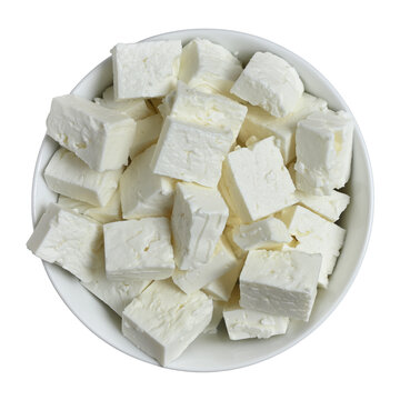 bowl of feta cheese cubes isolated, top view png