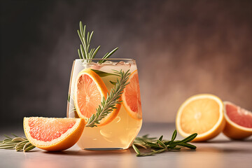 Cool refreshing cocktail or mocktail with grapefruit, rosemary and lemon. Summer coolness. Generative AI