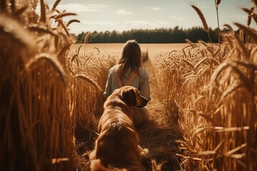 Woman and dog in a wheat field at sunset. Beautiful countryside girl with her pet. Ai generated