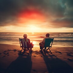 Senior couple sitting in chairs at the beach looking at the sunset from behind. Generative AI
