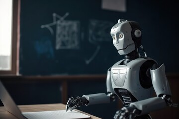 Silver Robot In Educational Setting With Chalkboard And Copyspace Generative AI