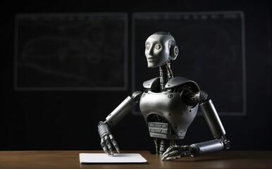 Silver Robot In School With Chalkboard Background Generative AI
