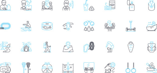 Amusement diversions linear icons set. Rollercoaster, Arcade, Ferris Wheel, Waterpark, Zip-line, Bumper cars, Mini golf line vector and concept signs. Haunted house,Mirror maze,Carousel outline